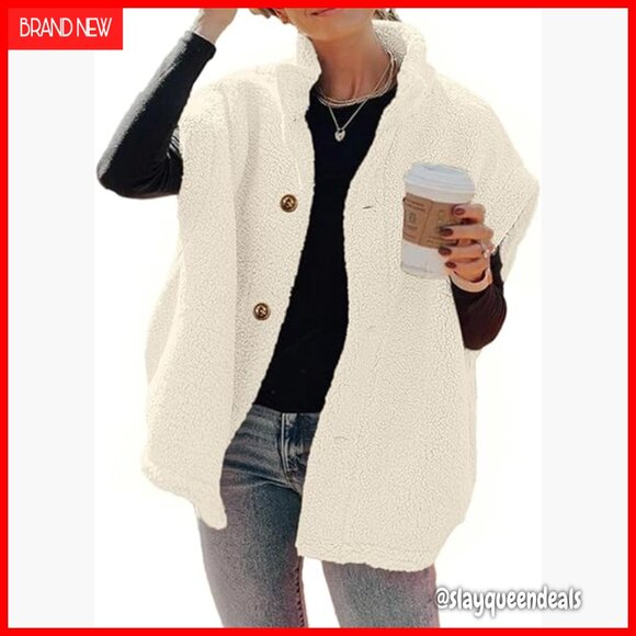 Jackets & Blazers - Oversized Fleece Sherpa Vest with Pockets, Button Down, Thigh Length
